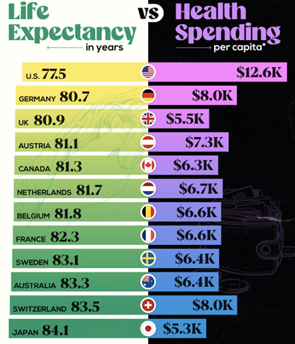 Lu, M. (2024, July 9). Charted: Life Expectancy vs. Health Spending Per Capita. Visual Capitalist. https://www.visualcapitalist.com/life-expectancies-vs-health-spending-per-capita/